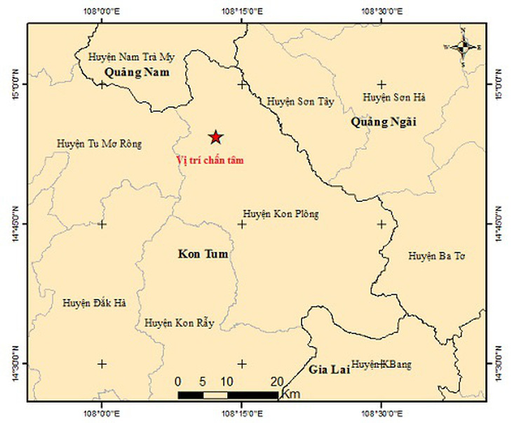 Vị trí xảy ra trận động đất thứ 11 tại Kon Tum vào tối nay 28-7 - Ảnh: Viện Vật lý địa cầu