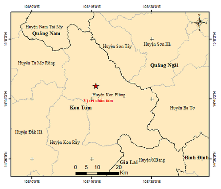 Bản đồ tâm chấn trận động đất mạnh 3,4 độ lúc 7h06 sáng 31-7 - Ảnh: Viện Vật lý địa cầu