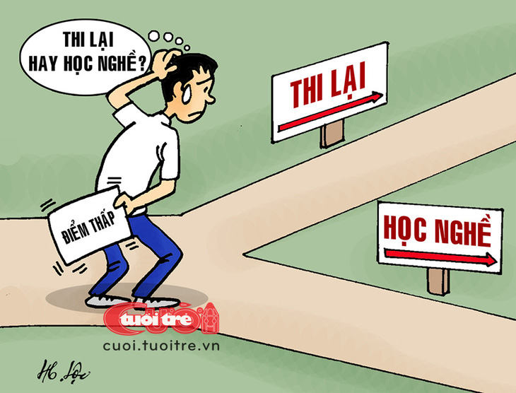 Thí sinh đứng giữa hai ngả đường: Chọn lối nào đây? - Tranh: Hữu Lộc 