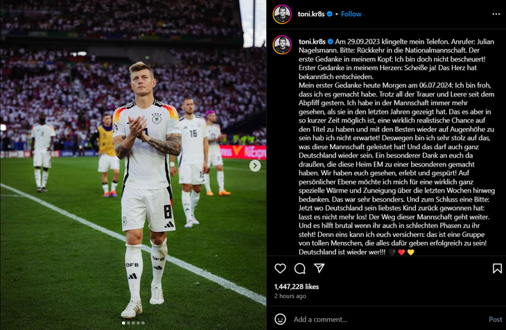 Tâm thư trên trang cá nhân của Toni Kroos - Ảnh: INSTAGRAM