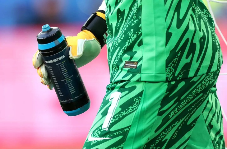 Bảng hướng dẫn bắt phạt đền được ghi trên bình nước của thủ môn Jordan Pickford - Ảnh: GETTY
