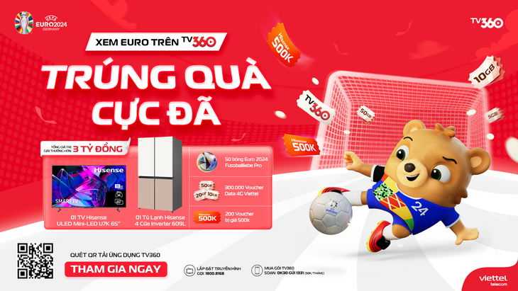 Cơ hội trúng quà mỗi ngày với hơn 800.000 phần quà khủng đang chờ bạn trên ứng dụng TV360 trong chương trình “Xem Euro trên TV360 trúng quà cực đã” - Nguồn ảnh: TV360