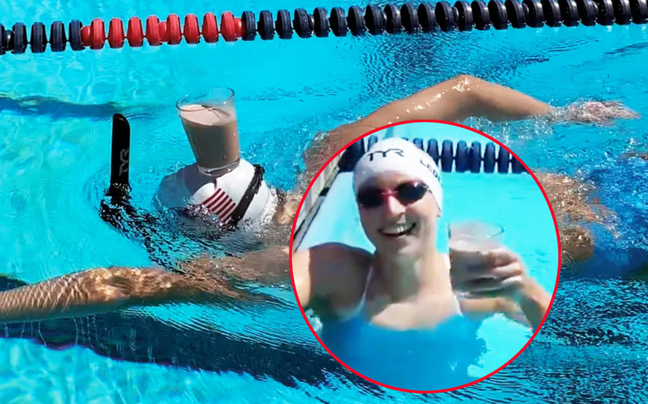 Katie Ledecky biểu diễn kỹ năng bơi với ly sữa trên đầu gây sốt