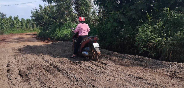 Nhiều đoạn đường xuất hiện ổ gà, ổ voi, người dân phải đổ đá vào vá đi tạm - Ảnh: LÊ THƯƠNG