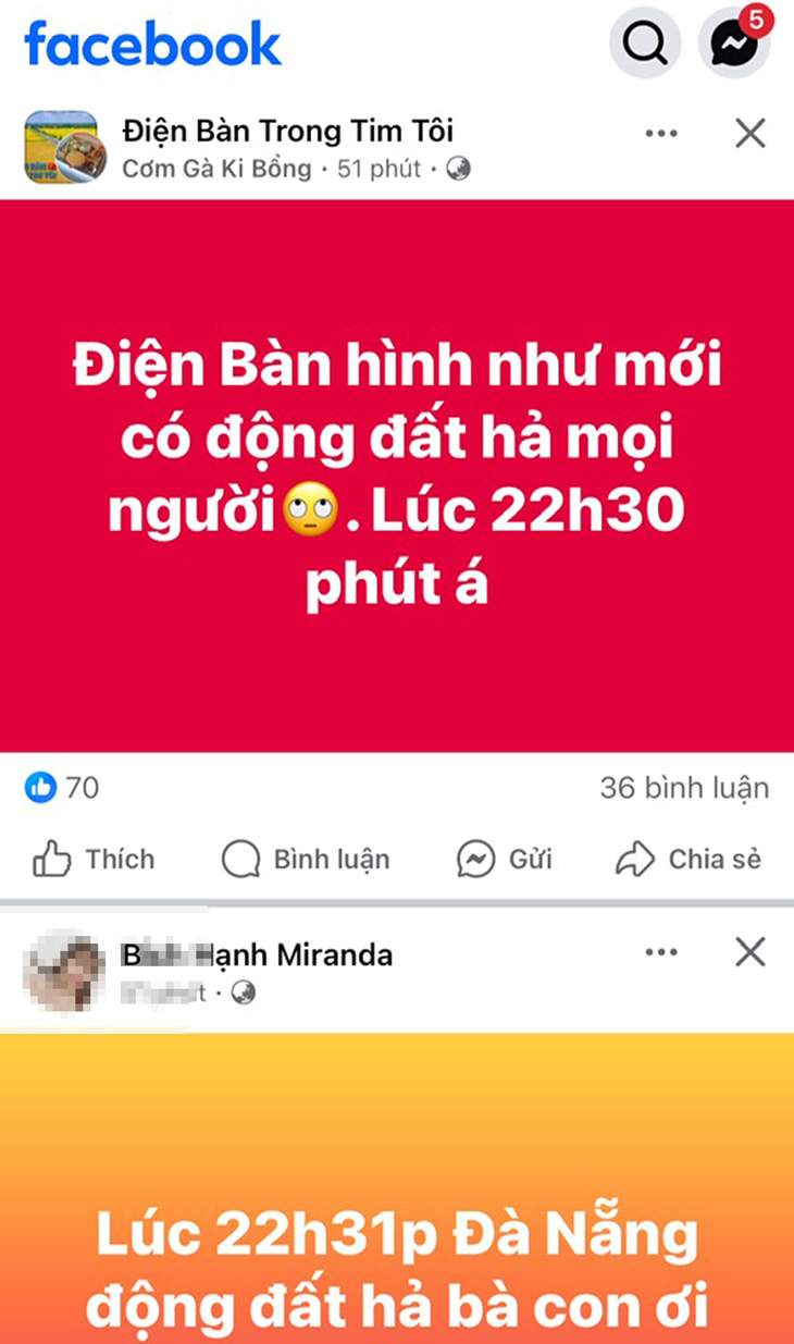 Nhiều người ở Quảng Nam, Đà Nẵng viết trên Facebook cảm nhận được động đất lúc 22h30 đêm 8-8 có độ lớn 4,2 - Ảnh: LÊ TRUNG