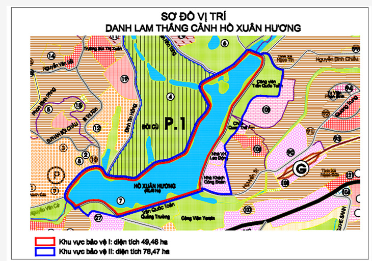 Sơ đồ khoanh vùng các khu vực bảo vệ của danh thắng hồ Xuân Hương, trong đó khu vực bảo vệ 2 có diện tích hơn 78,5ha - Ảnh: Tư liệu