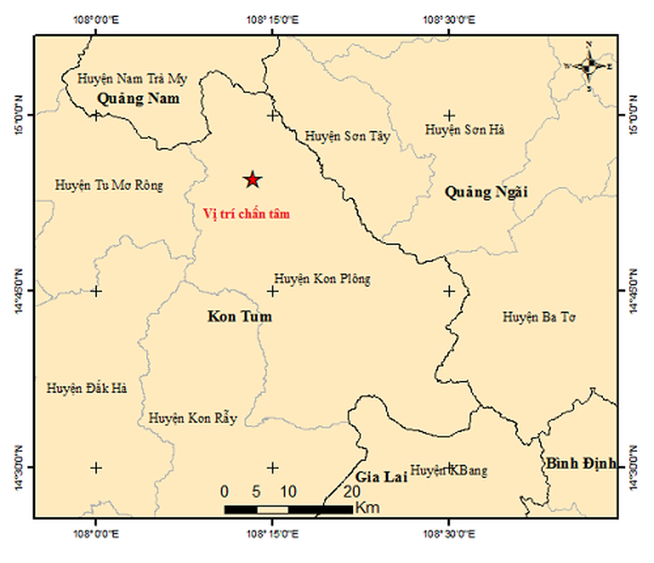 Bản đồ tâm chấn trận động đất mạnh 4,2 độ xảy ra lúc 22h30 tối 8-8 - Ảnh: Viện Vật lý địa cầu