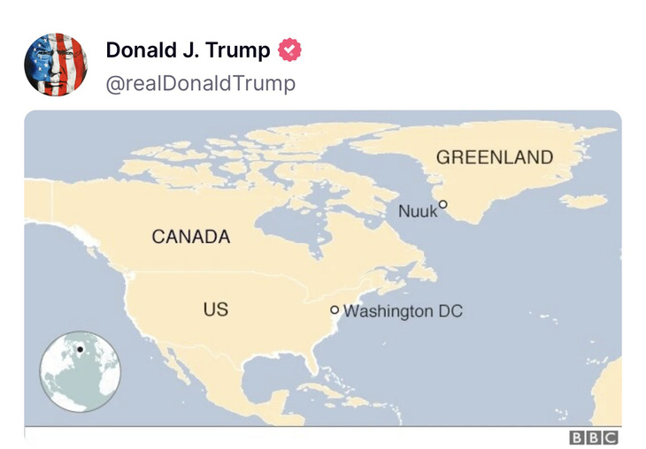 Ông Trump đăng bản đồ ẩn ý sáp nhập Canada và Greenland vào Mỹ - Ảnh 1.