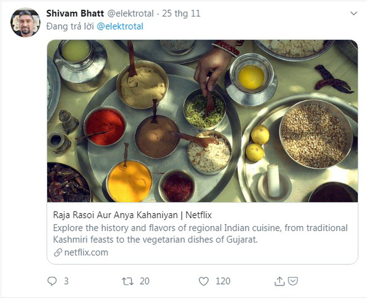 Twitter chỉ dẫn link xem loạt phim tài liệu về ẩm thực Ấn Độ trên Netflix - Ảnh chụp màn hình