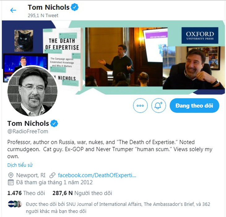 Twitter của ông Tom Nichols - Ảnh chụp màn hình