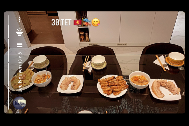 Lee Nguyễn khoe các món điển hình ngày Tết như nem rán, bánh chưng, thịt heo