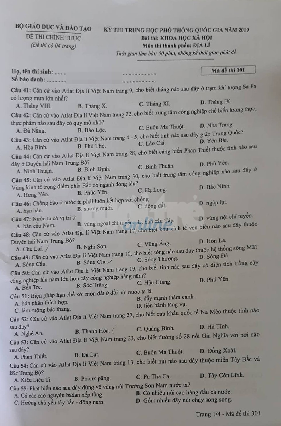 Đáp án môn địa lý THPT quốc gia 2019 - Ảnh 9. Đáp án môn địa lý THPT quốc gia 2019 - Ảnh 9.