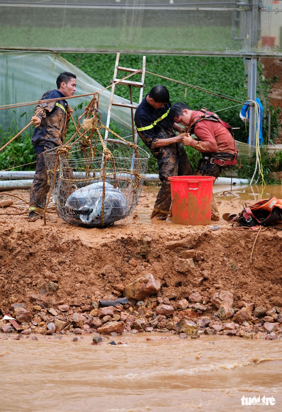 Đu dây giải cứu 41 người bị kẹt trong lũ ở Lâm Đồng - Ảnh 5. Đu dây giải cứu 41 người bị kẹt trong lũ ở Lâm Đồng - Ảnh 5.