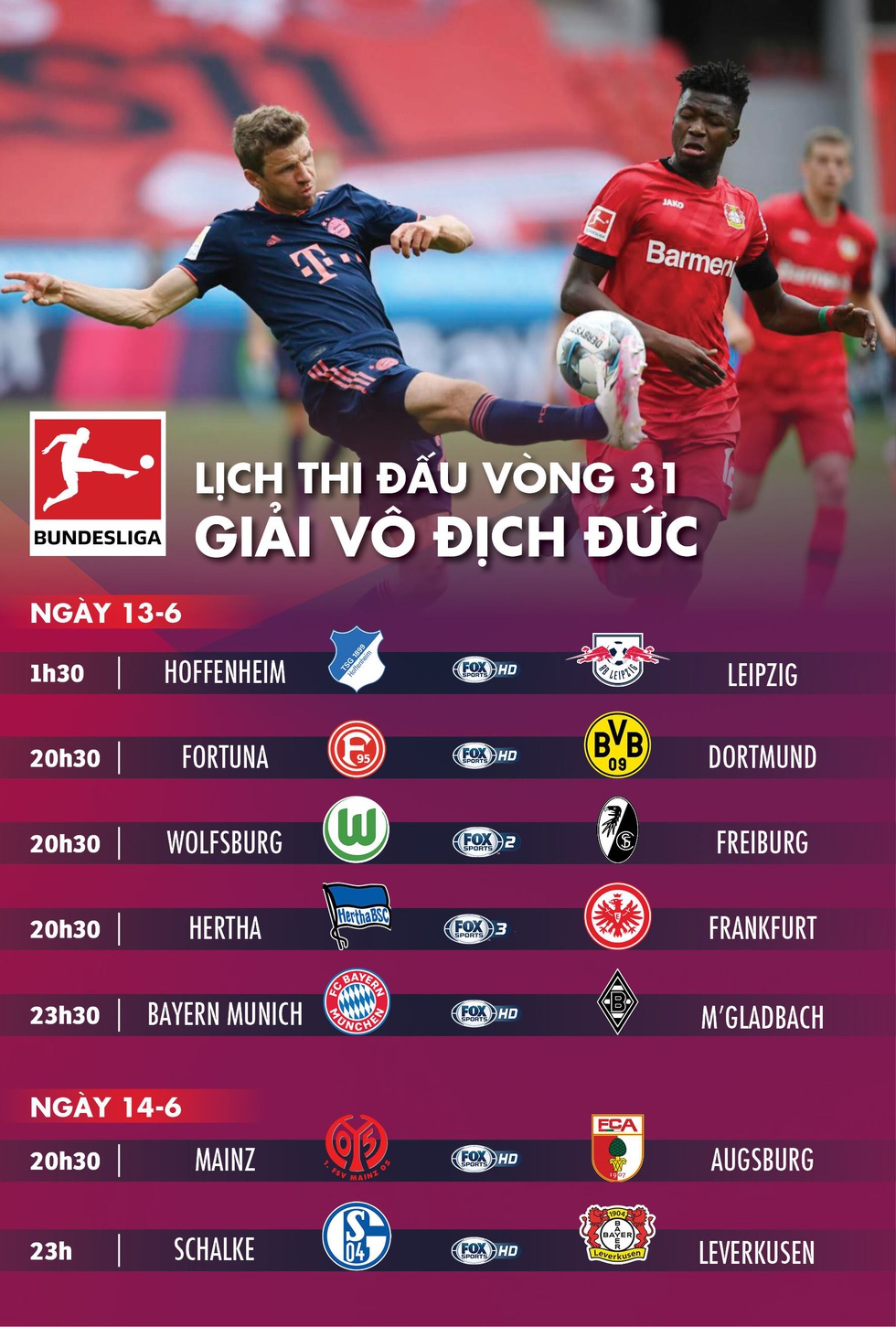 Lịch trực tiếp vòng 31 Bundesliga cuối tuần này - Ảnh 1. Lịch trực tiếp vòng 31 Bundesliga cuối tuần này - Ảnh 1.