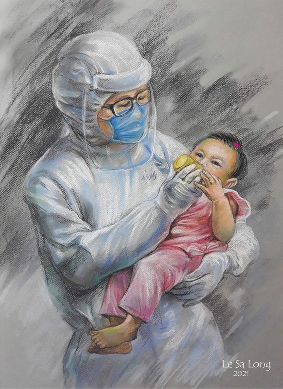 Tác phẩm 'Dòng sữa ngọt ngào…' vẽ từ bức ảnh nữ bác sĩ Phạm Thị Thanh Thúy mặc đồ bảo hộ, một tay bế em bé F0, một tay cho bé bú tại khoa cấp cứu Bệnh viện Trưng Vương TP.HCM.