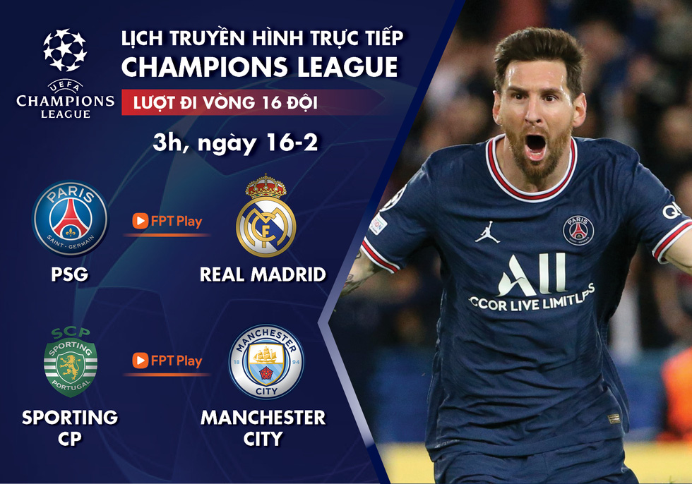 Lịch trực tiếp lượt đi vòng 16 đội Champions League: PSG - Real Madrid, Sporting - Man City - Ảnh 1.