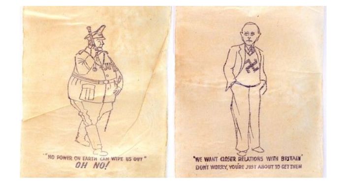 - Một cuộn giấy vệ sinh giễu nhại Đức quốc xã được cho là sản xuất vào thập niên 1930 tìm thấy trong nhà kho ở Herefordshire (Anh) vừa bán giá 225 USD trong phiên đấu giá tại Anh.