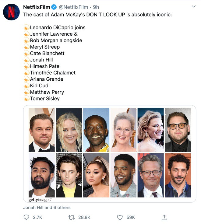 Netflix thông báo dàn diễn viên chính thức của 'Don't Look Up' trên Twitter
