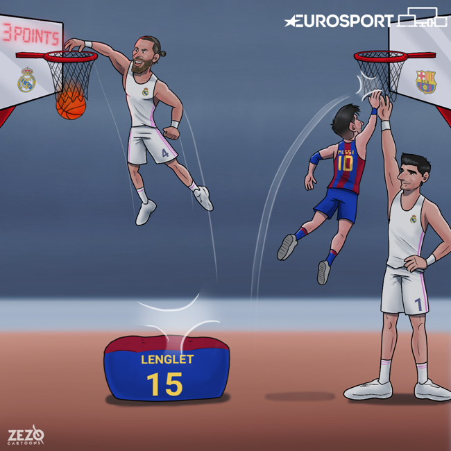 Sergio Ramos được trung vệ Lenglet giúp ghi bàn thắng Barcelona. Ảnh: Zezo Cartoon.