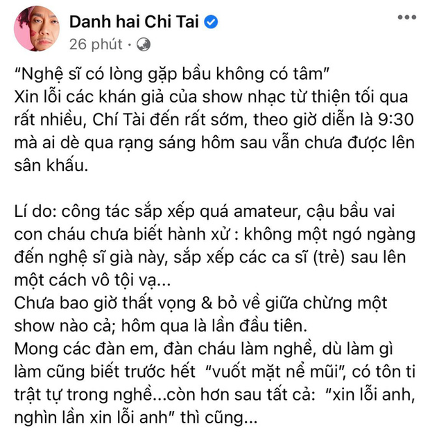 Danh hài Chí Tài bức xúc bỏ về và tố bầu show không tôn trọn
g mình.