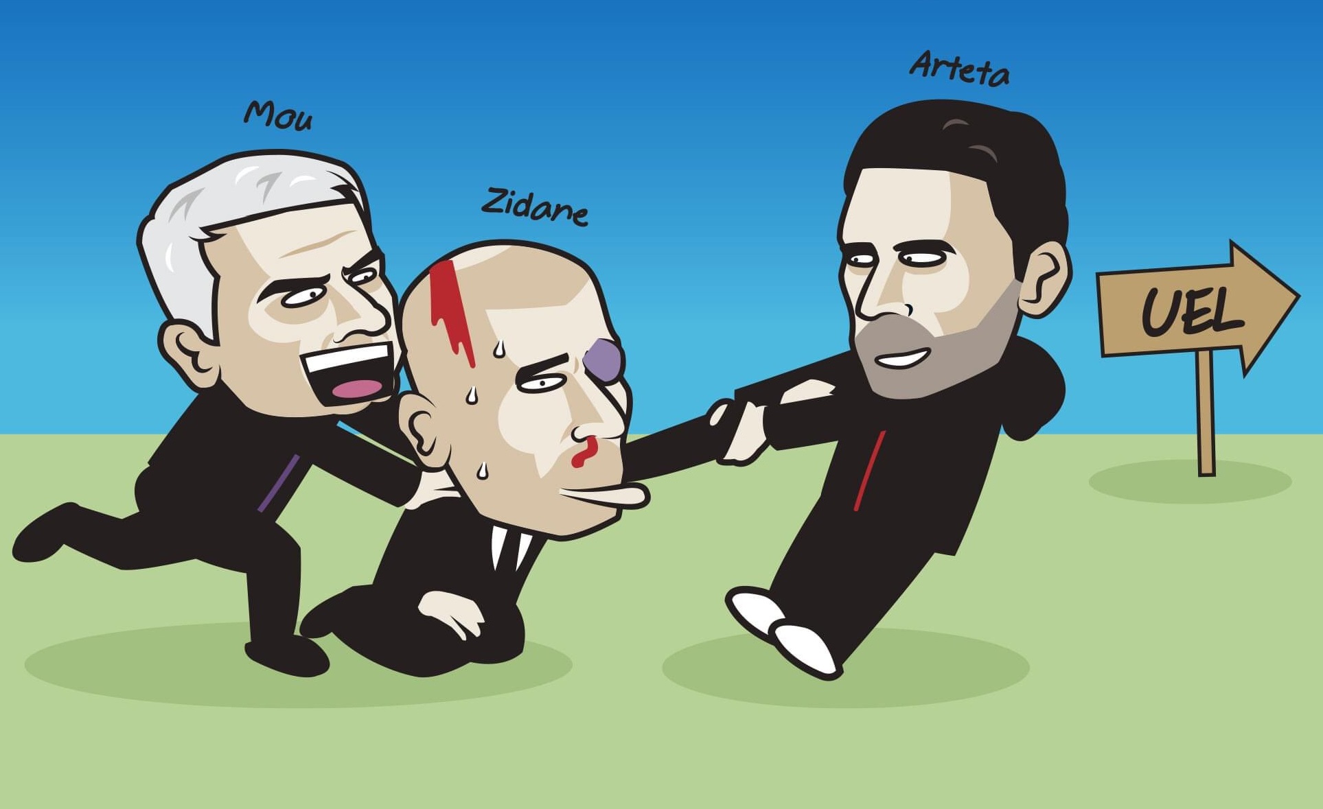 Mourinho và Arteta chắc đang rất háo hức với tin Real có thể xuống đá Europa League. Ảnh: Just Toon It.
