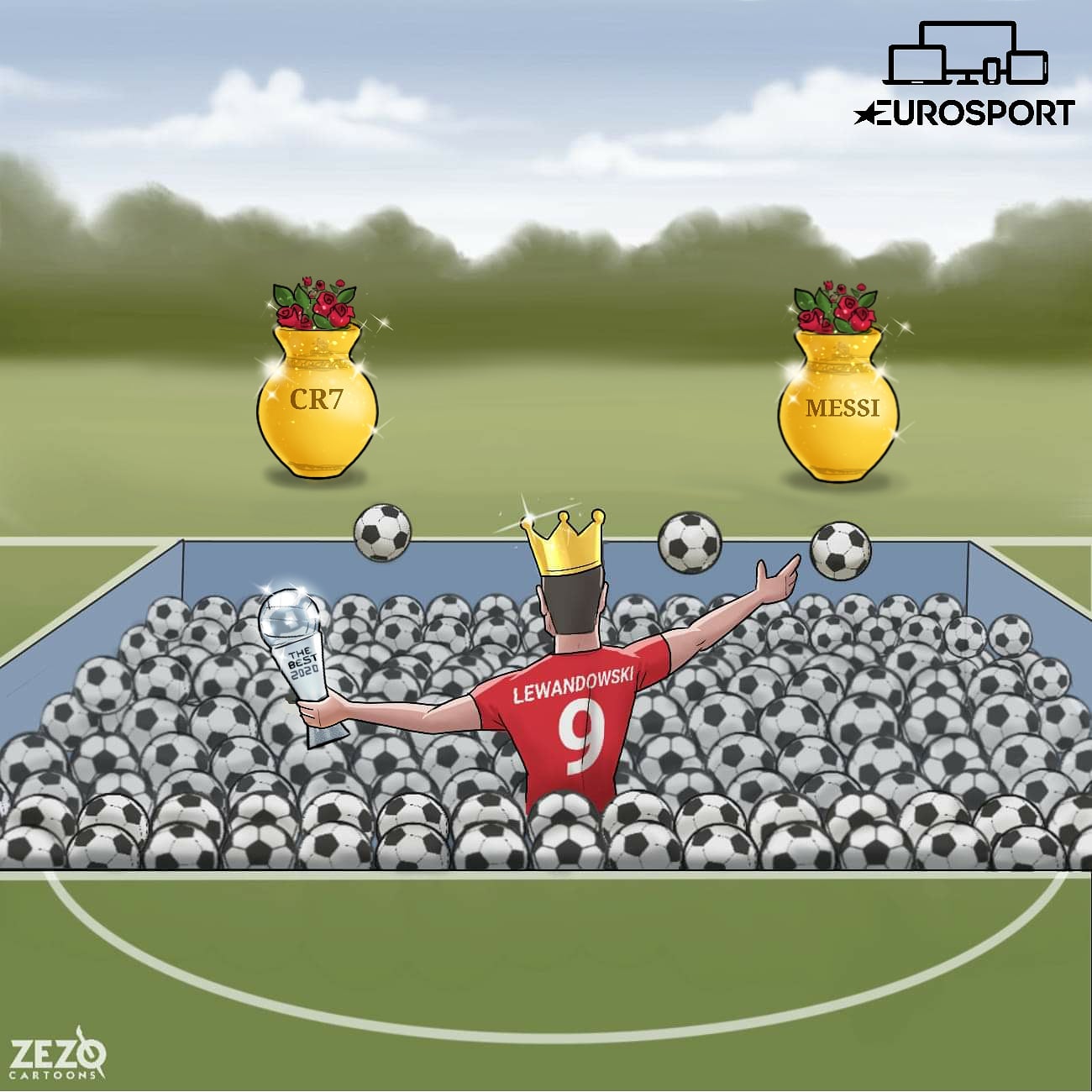 Lewandowski đã qua mặt Ronaldo lẫn Messi để lên đỉnh thế giới lần đầu tiên trong sự nghiệp. Ảnh: Zezo Cartoons.