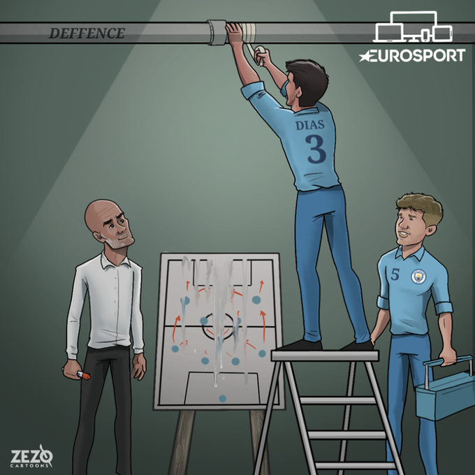 Hàng thủ Man City với bộ đôi Ruben Dias và John Stones đang chơi tốt. Ảnh: Zezo Cartoons.