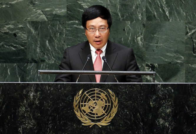 Phó thủ tướng Phạm Bình Minh phát biểu tại phiên họp toàn thể Đại hội đồng Liên Hiệp Quốc ngày 27-9 - Ảnh: Reuters