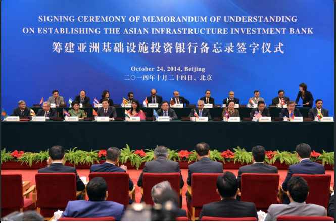 Lễ ký biên bản ghi nhớ để ra mắt Ngân hàng AIIB tại Bắc Kinh hôm 24-10 - Ảnh: Xinhua