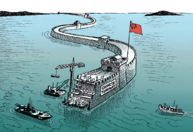 Biếm họa của Chappatte trên International New York Times, Paris về “lãnh thổ Trung Quốc” thông qua việc Bắc Kinh đang xây các đảo nhân tạo ở Biển Đông làm căn cứ quân sự và khai thác