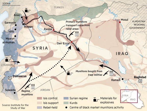 Các tuyến đường buôn bán vũ khí của IS -Nguồn: Viện nghiên cứu chiến tranh
