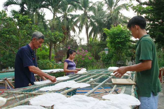 Cả gia đình thu gom bánh tráng sau khi phơi sương vào sáng sớm