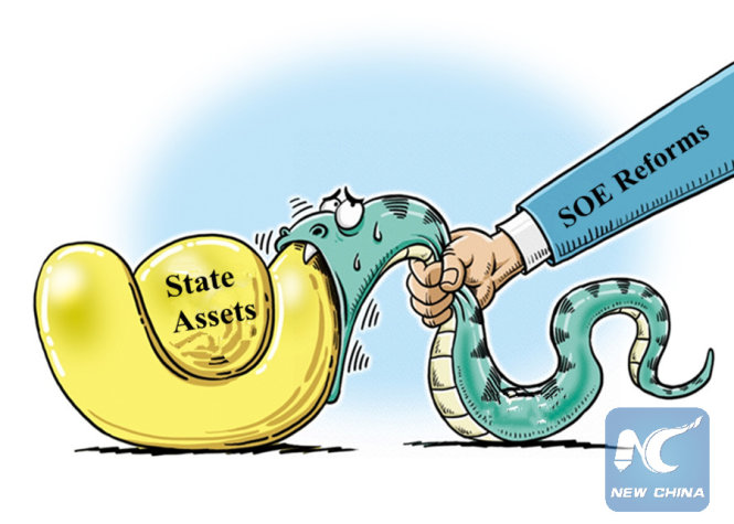 Biếm họa trên Tân Hoa xã thể hiện quyết tâm của cuộc cải tổ doanh nghiệp nhà nước nhằm không để tài sản nhà nước rơi vào túi riêng                          -xinhuanet.com