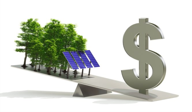 Not so green economy concept: Dollar sign vs forest with solar panels on seesaw. Highly detailed computer generated image with subtle grain texture added.