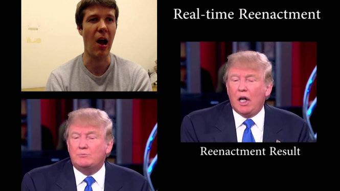 Video gốc (hình dưới bên trái): gương mặt ông Trump bình thường. Khi người điều khiển “làm trò”, miệng ông Trump cũng méo theo (hình bên phải).