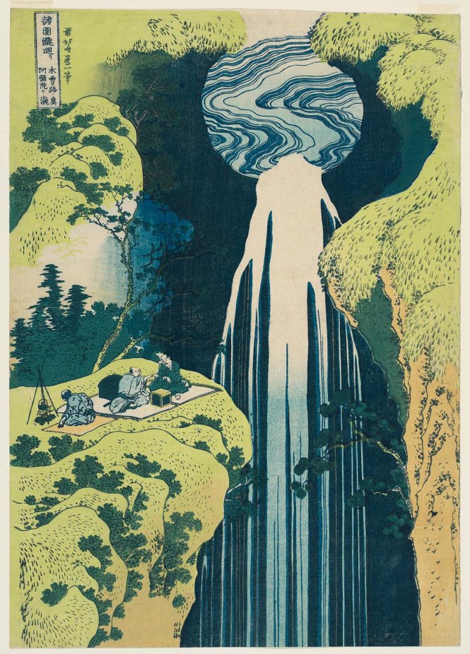 “Thác Amida từ trên đường Kisokaidō xa xôi” (Kiso no oku Amida-ga-taki) (1834-1835) của Katsushika Hokusai thuộc bộ “Chuyến tham quan các thác nước ở nhiều tỉnh” (Shokoku taki meguri).