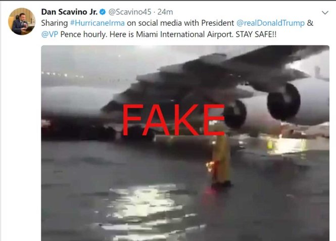 Đoạn video “sân bay Miami” ngập lụt mà giám đốc mạng xã hội của Nhà Trắng Dan Scavino đăng hóa ra là giả mạo.-Ảnh: washingtonpost.com