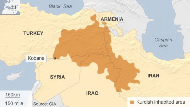 Phân bổ người Kurd ở bốn quốc gia Iraq, Syria, Thổ Nhĩ Kỳ và Iran.-Ảnh: BBC