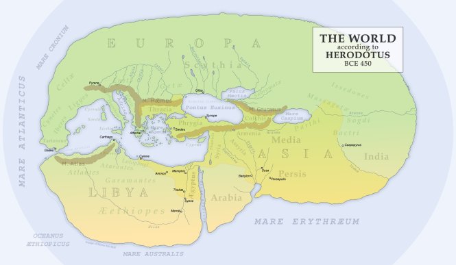 Bản đồ thế giới theo Herodotus, năm 450 trước Công nguyên. Ảnh: Wikimedia