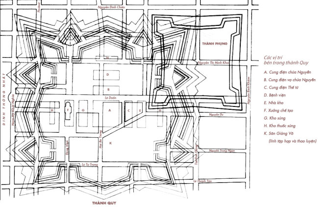 Bản đồ Thành Quy và Thành Phụng với các chú giải so sánh hiện trạng nguyên thủy với các đường phố xây dựng sau năm 1860 do Petrus Trương Vĩnh Ký thực hiện (Đồ họa: Phan Hảo)