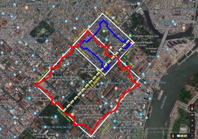 Bản đồ Khu phố di sản Thành Quy (đường màu xanh), Thành Phụng (đường màu đỏ) và đại lộ Lê Duẩn (đường màu vàng) trên Google Map. (Đồ họa: KTS Đồng Lâm Thanh Tùng)