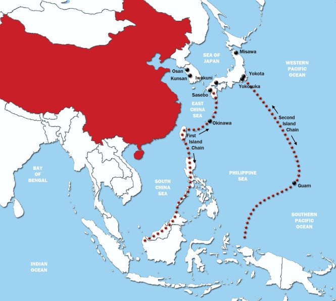 Các chuỗi đảo Thái Bình Dương trong học thuyết quốc phòng về chuỗi đảo của Trung Quốc. Ảnh: wordpress.com
