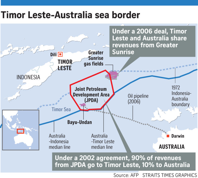 Bản đồ đường biên giới khu vực biển chồng lấn Úc - Đông Timor - Indonesia. Ảnh: AFP