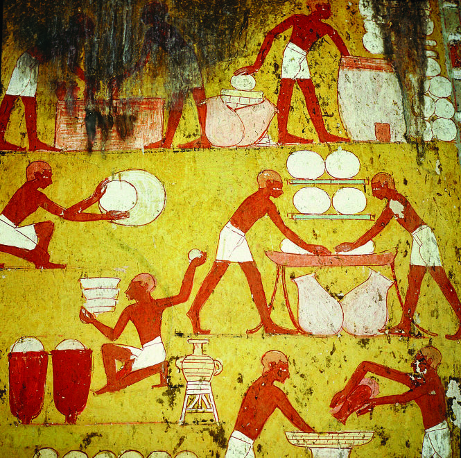 Hình vẽ trong mộ ngài Qenamun - một quan chức cấp cao của triều đình Ai Cập - diễn tả cách nặn bánh mì và sự 