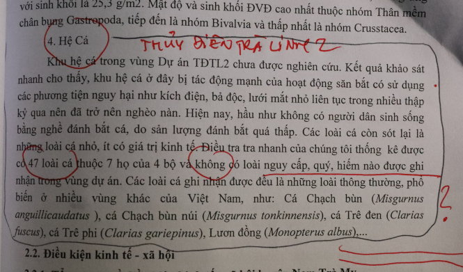 Đây là 2 đoạn mô tả “hệ cá” của 2 dự án thủy điện Nước Biêu và Trà Linh 2