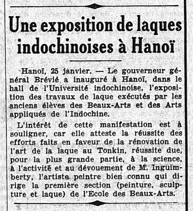 Triển lãm sơn mài của cựu sinh viên Trường Mỹ thuật Đông Dương tại Viện Đại học Đông Dương, Hà Nội năm 1937, (theo báo “Le Populaire”, ngày 26-1-1939, trang 04).
