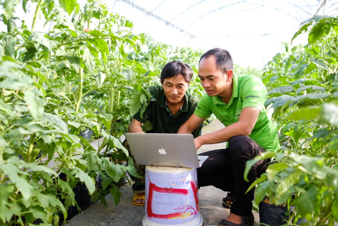 Anh Nguyễn Đức Huy (phải) hướng dẫn nông dân nhập các chỉ số sinh trưởng của cây vào hệ thống. Ảnh: MAI VINH