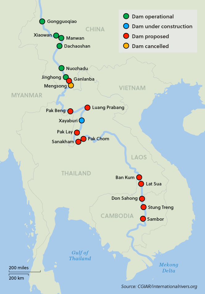 Các dự án đập thủy điện ở thượng nguồn Mekong. Ảnh: Asia Times