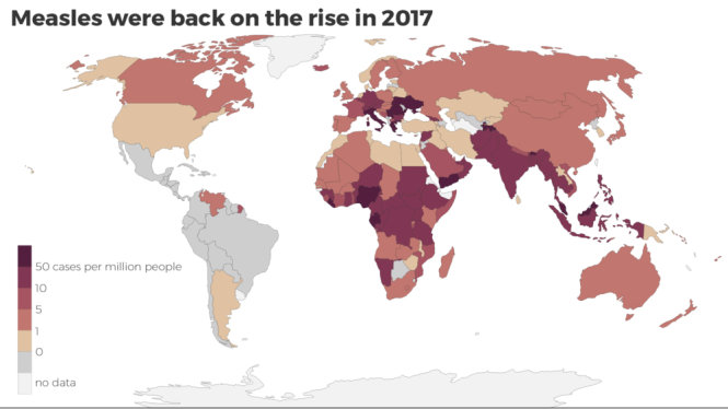 Tỉ lệ mắc sởi trên toàn cầu năm 2017. Ảnh: WHO