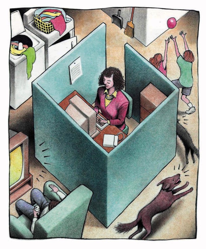 160 dpi 39p x 47p Doug Griswold color illustration of woman working in an office cubicle in her home while her kids play around her. San Jose Mercury News 1997  With TELECOMMUTE, Knight-Ridder  FOR AT-RISK READERS- -CATEGORY: ILLUSTRATION-SUBJECT: TELECOMMUTE illus-ARTIST: Doug Griswold-ORIGIN: San Jose Mercury News-TYPE: EPS JPEG-SIZE: As needed-ENTERED: 6/10/97-STORY SLUG: TELECOMMUTE, Knight-Ridder-FOR AT-RISK READERS- -illustration, feature, features, business, telecommuting, telecommuter, telecommute, risk, women, office, work, youth, kid, kids, technology, computer, employe, employee, home, SJ, griswold, 1997